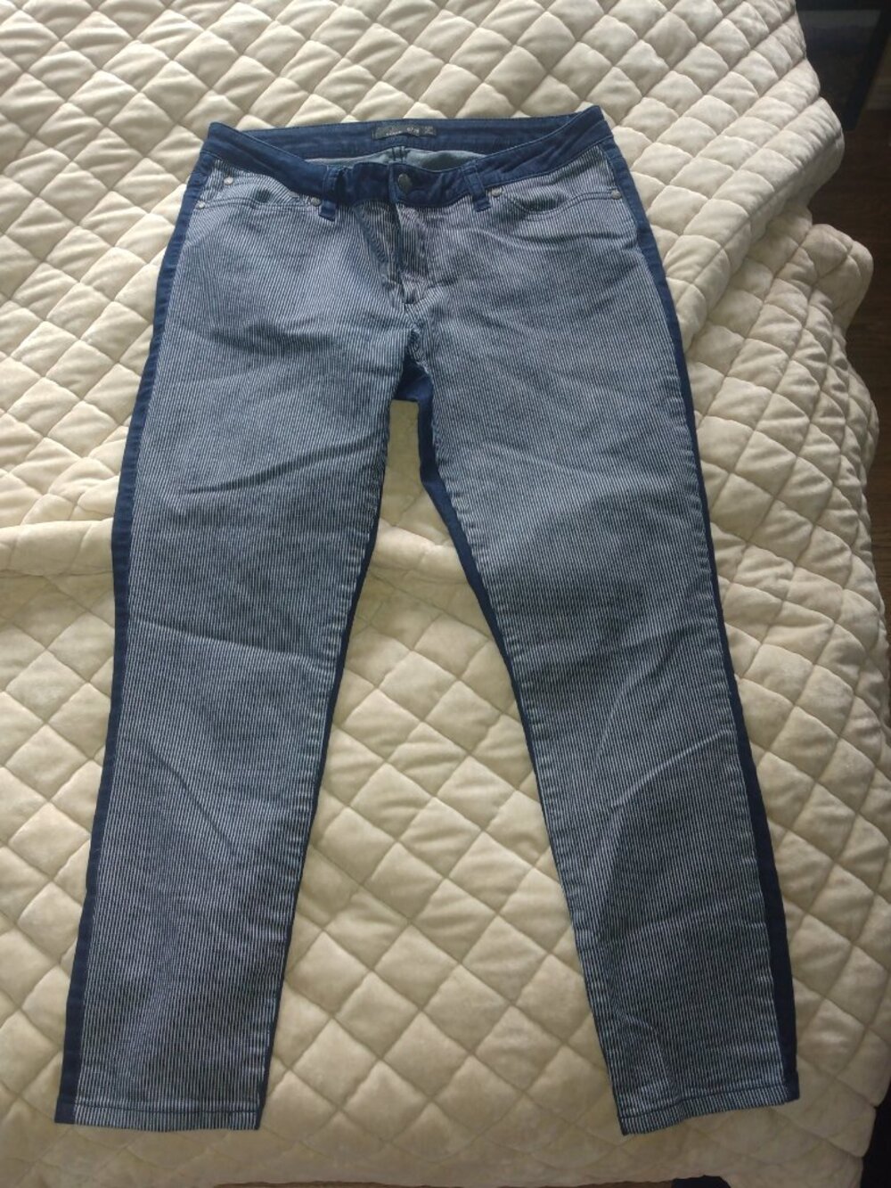 Railroad striped Prana cropped denim jeans